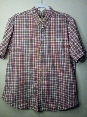 Schmidt Workwear Shirt Men L Button Down Short Sleeve Plaid Red Gray